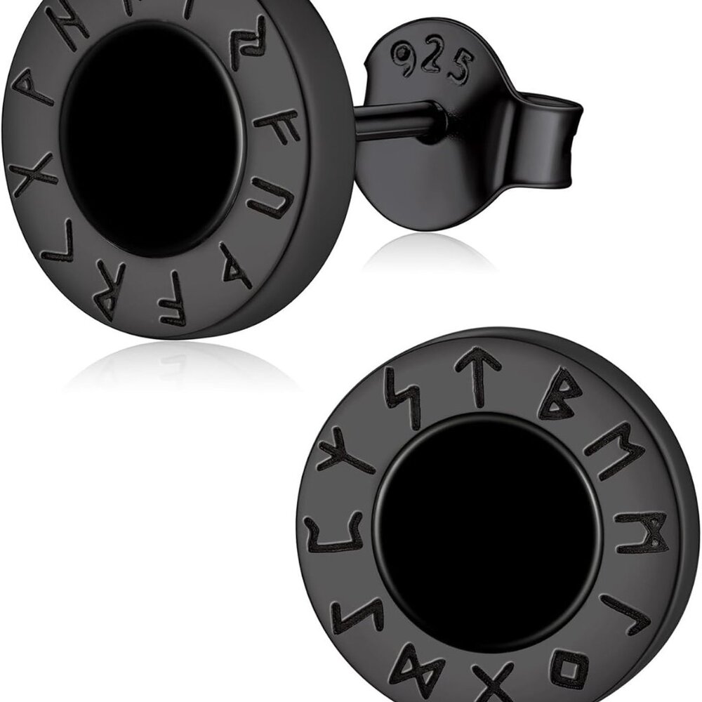 925 Sterling Silver Viking Rune Natural Black Onyx Stud Earrings For Women Men